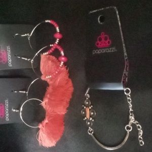 2 pairs of Paparazzi earrings & a  bracelet. Adjustable